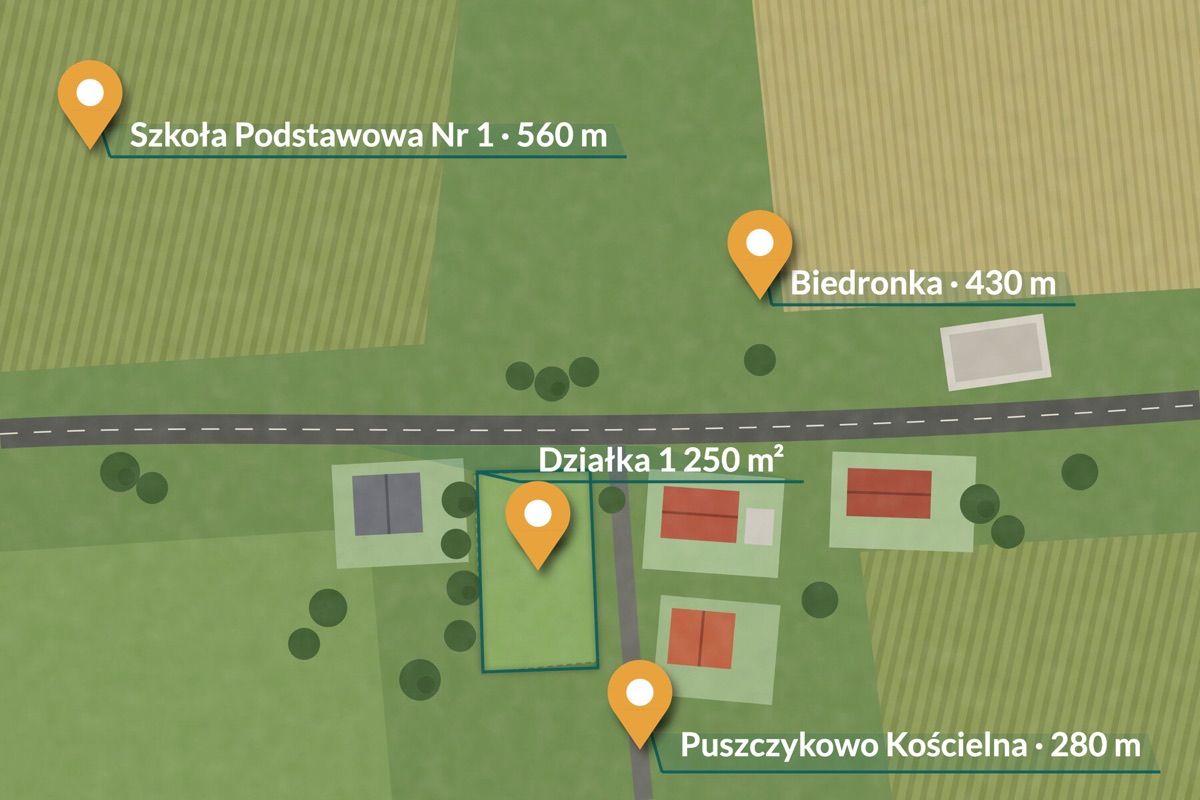 Obrys działki na zdjęciu z drona z zaznaczonymi punktami w okolicy